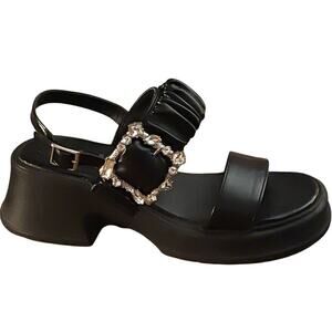 Lena Black Slingback Wedge Womens Sandals 7.5 Rhinestone Y2K Platform